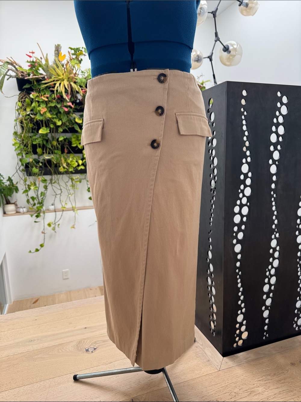 Ann Taylor Tan Button-Front Midi Pencil Skirt